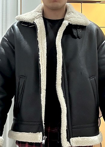 Bershka erkek krem kürklü kışlık siyah deri ceket - Görsel 3