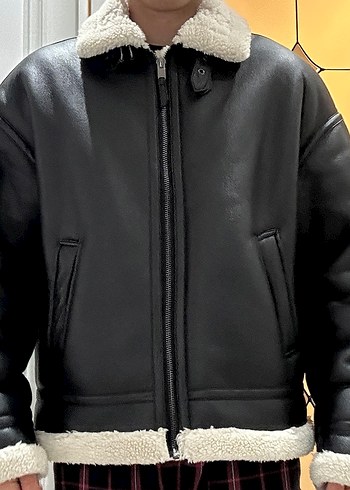 Bershka erkek krem kürklü kışlık siyah deri ceket - Görsel 2