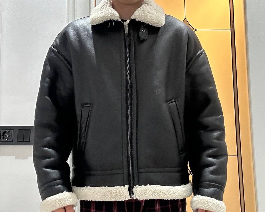 Bershka erkek krem kürklü kışlık siyah deri ceket - Görsel 2