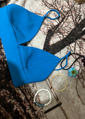 m Beden mavi Renk Mavi Halter Yaka Bağlamalı Büstiyer