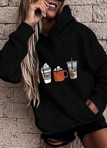 Kahve Baskılı Kapüşonlu Sweatshirt 