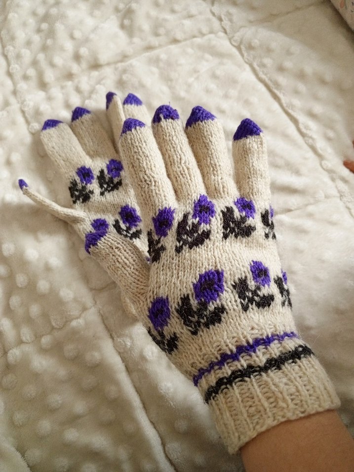 Bohem Mor Çiçek Desenli Örgü Eldiven - Görsel 2