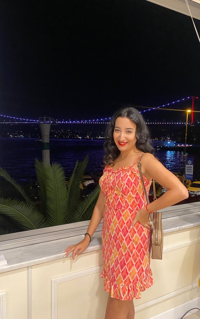 Çok Renkli Bağlamalı Fermuarlı Mini Elbise - Görsel 2