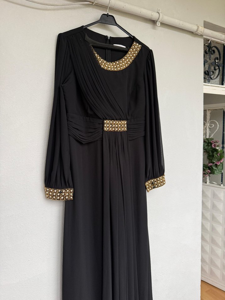 Uzun Siyah Tesettür Abiye Elbise  iki kol arası 55 cm - Görsel 2