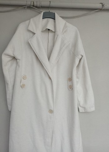 Düğmeli Beyaz Midi Kadın Kaban kaşe astarsız - Görsel 3