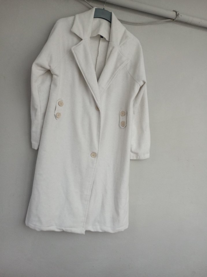 Düğmeli Beyaz Midi Kadın Kaban kaşe astarsız - Görsel 4