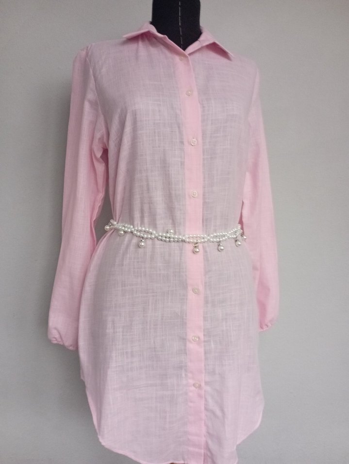 Pembe Midi Keten Gömlek - Görsel 2