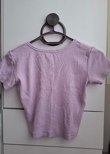 s Beden Laent Lila Kare Yaka Kısa Kollu Fitilli Crop Tişört