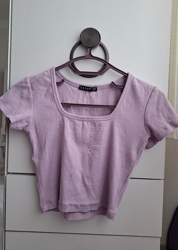 Diğer Laent Lila Kare Yaka Kısa Kollu Fitilli Crop Tişört