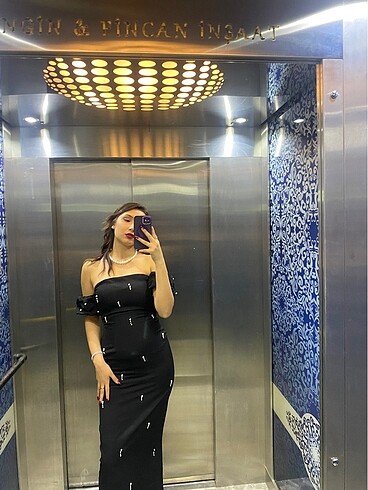 m Beden Kadın inci detaylı elbise