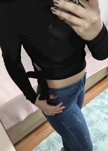 xs Beden siyah Renk Siyah Yüksek Yakalı Uzun Kollu Crop Top