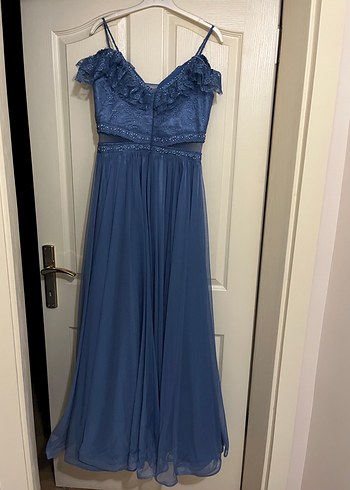 Mavi Uzun Dantelli Işıltılı Abiye Elbise - Görsel 4