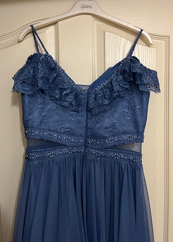 Mavi Uzun Dantelli Işıltılı Abiye Elbise - Görsel 3