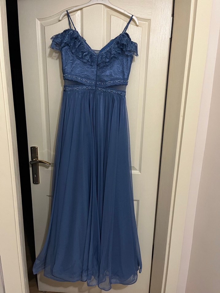 Mavi Uzun Dantelli Işıltılı Abiye Elbise - Görsel 4