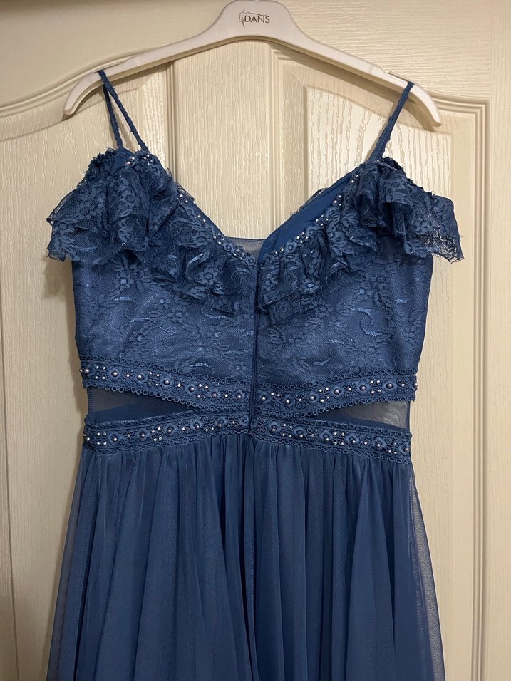 Mavi Uzun Dantelli Işıltılı Abiye Elbise - Görsel 3