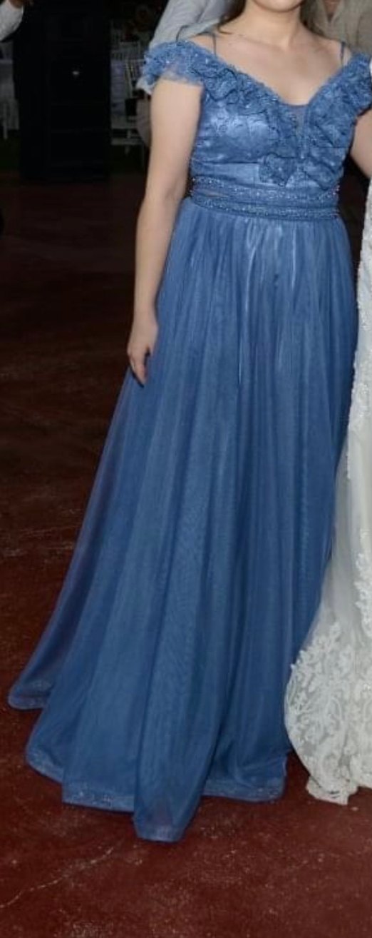 Mavi Uzun Dantelli Işıltılı Abiye Elbise - Görsel 5