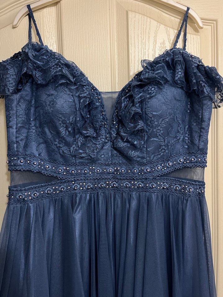 Mavi Uzun Dantelli Işıltılı Abiye Elbise - Görsel 2