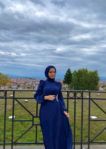 Lacivert Drapeli Uzun Kol Tesettür Abiye - Görsel 2