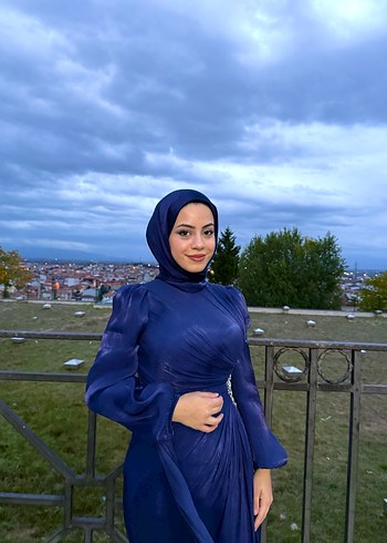 Lacivert Drapeli Uzun Kol Tesettür Abiye - Görsel 4