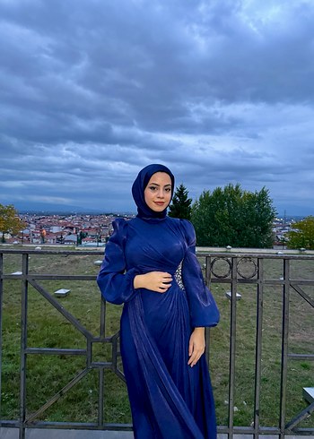 Lacivert Drapeli Uzun Kol Tesettür Abiye - Görsel 5