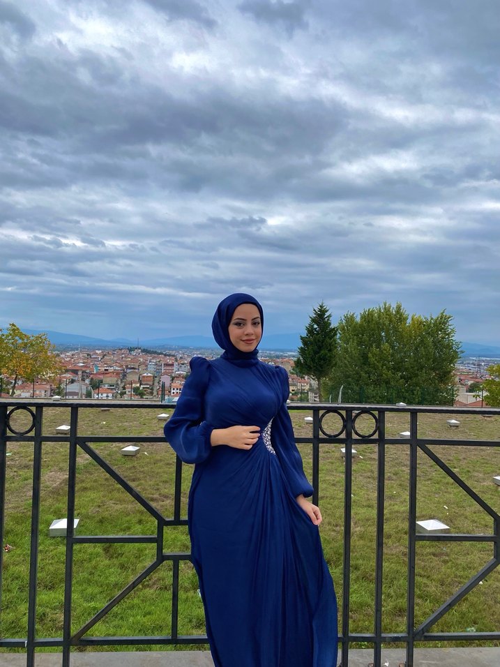 Lacivert Drapeli Uzun Kol Tesettür Abiye - Görsel 2