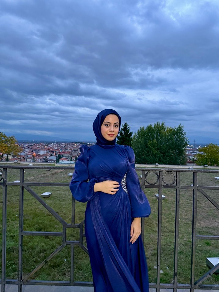 Lacivert Drapeli Uzun Kol Tesettür Abiye - Görsel 5