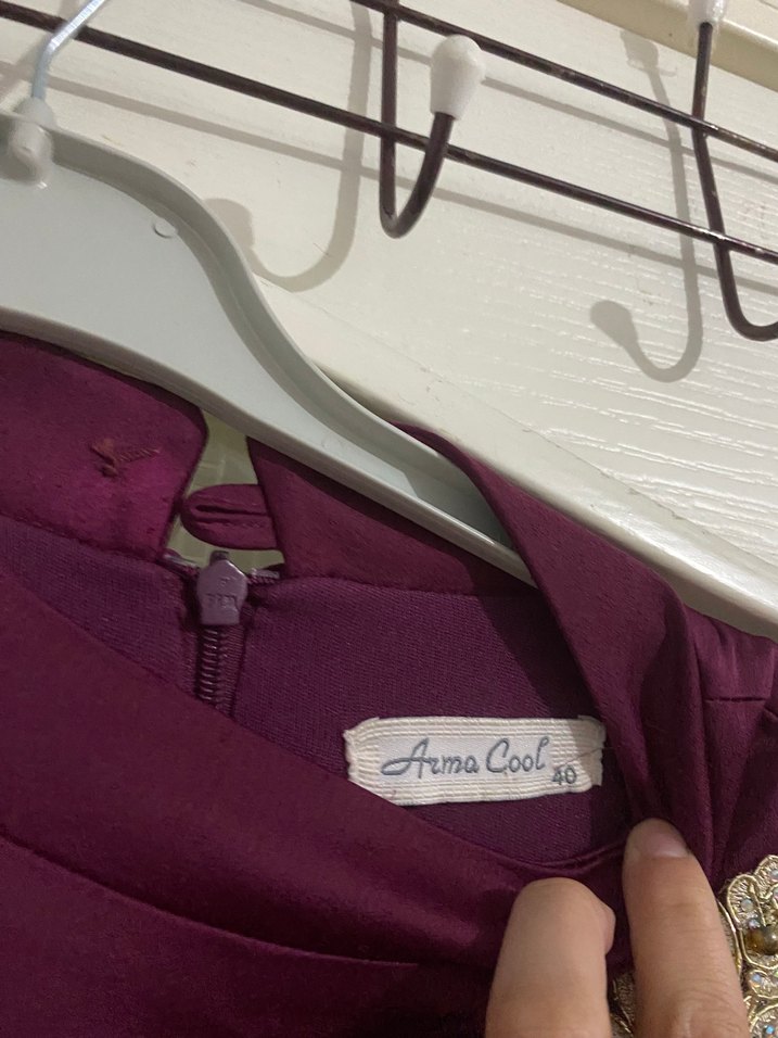 Bordo Uzun Kollu İşlemeli Kadın Abiye - Görsel 5