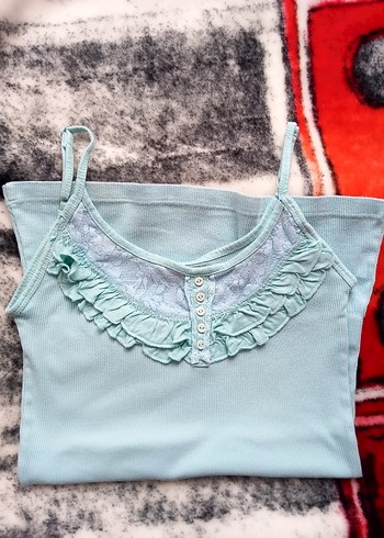 açık Mavi Dantel fırfır Detaylı İnce Askılı Kadın Atlet coquette - Görsel 2