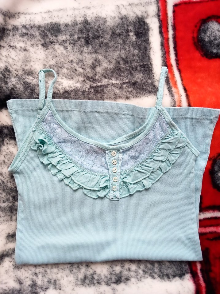 açık Mavi Dantel fırfır Detaylı İnce Askılı Kadın Atlet coquette - Görsel 2