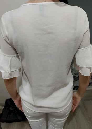 Püskülü Beyaz kadın bluz - Görsel 7