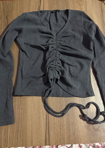 Gri V Yakalı Uzun Kollu Triko Bluz - Görsel 2