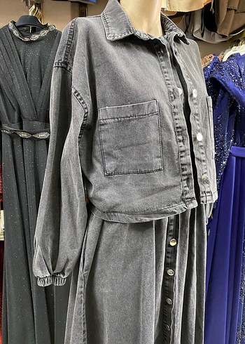 Gri Batik Desenli Uzun Kadın Denim Ceket