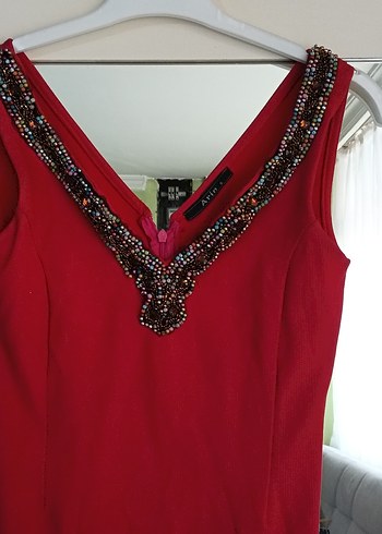 Kırmızı V Yaka Midi Elbise - Görsel 2