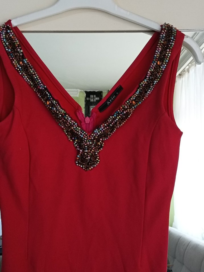 Kırmızı V Yaka Midi Elbise - Görsel 2