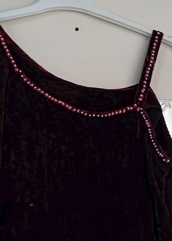 Boncuk İşlemeli Bordo kadife Uzun Gece Elbisesi - Görsel 3