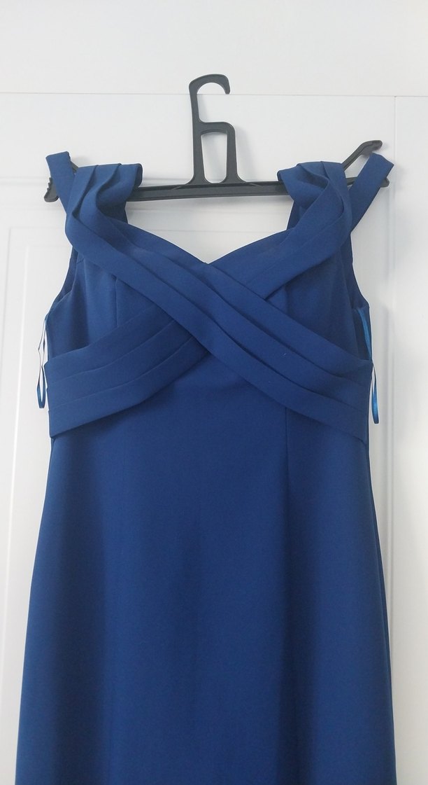 Lacivert Uzun Drapeli Kadın Abiye Elbise - Görsel 2