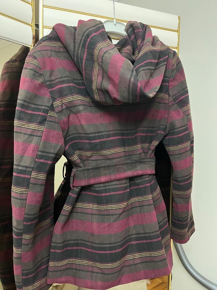 Düğmeli Bordo Gri Kışlık Kadın Kaban - Görsel 4