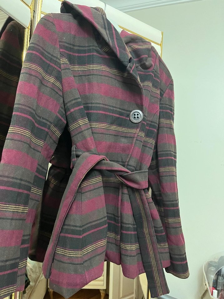 Düğmeli Bordo Gri Kışlık Kadın Kaban - Görsel 2