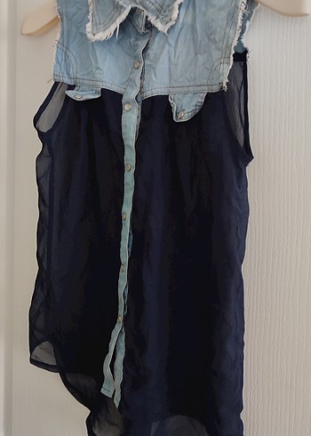 Düğmeli Denim Yaka Kolsuz Kadın Gömlek - Görsel 3