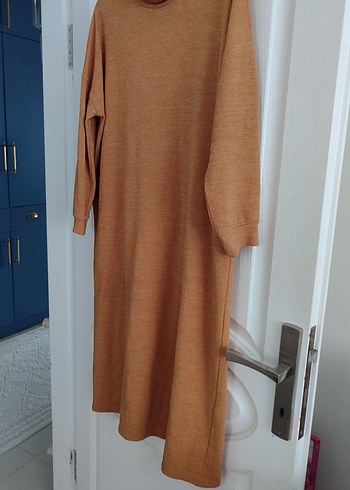 Bej Kadın Uzun Yün Elbise Yüksek Yaka - Görsel 2