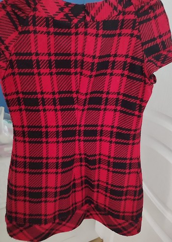Kısa Kollu Kırmızı Ekose elbise - Görsel 3