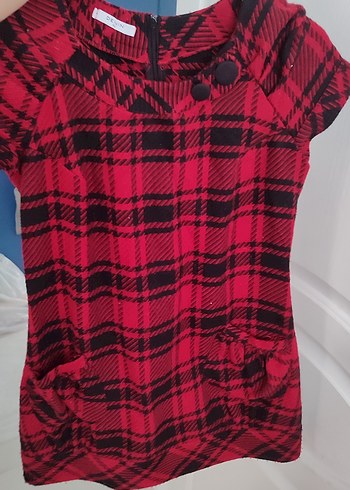 Kısa Kollu Kırmızı Ekose elbise - Görsel 5