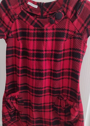 Kısa Kollu Kırmızı Ekose elbise - Görsel 4