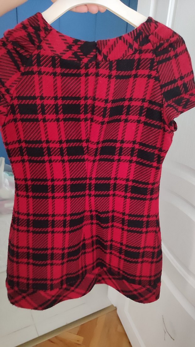 Kısa Kollu Kırmızı Ekose elbise - Görsel 3