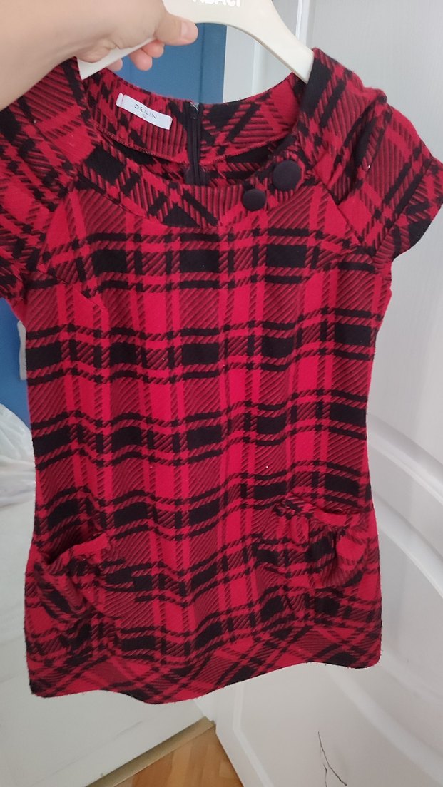 Kısa Kollu Kırmızı Ekose elbise - Görsel 5