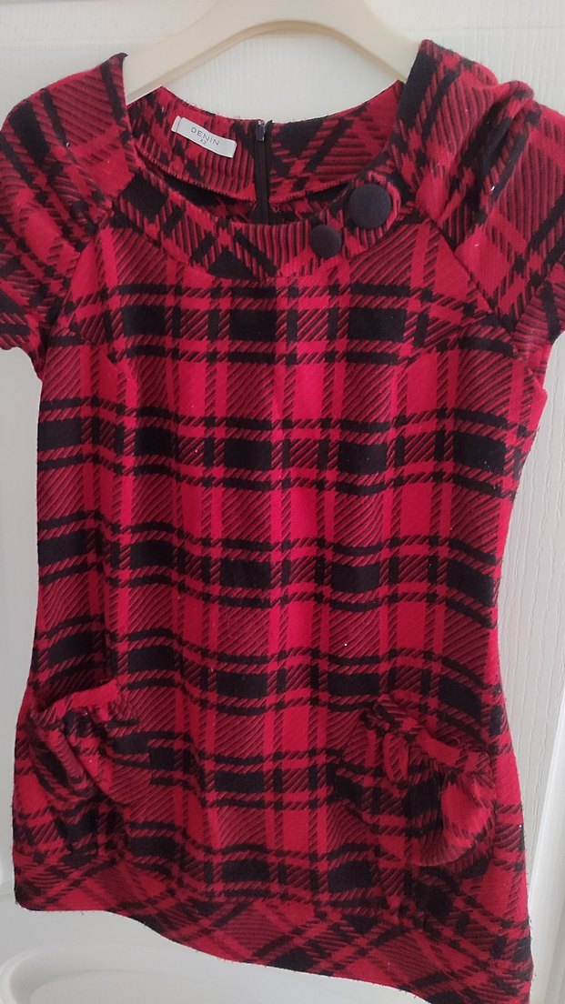 Kısa Kollu Kırmızı Ekose elbise - Görsel 4