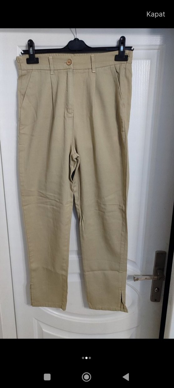 Bej Kadın Keten Kumaş Pantolon - Görsel 2