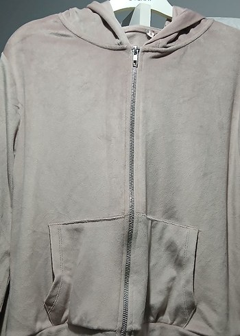 Diğer Pudra Süet Fermuarlı Kapüşonlu Sweatshirt