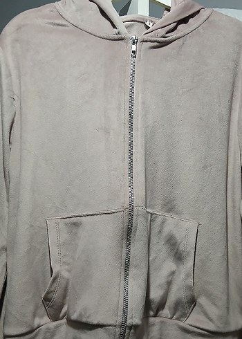 Pudra Süet Fermuarlı Kapüşonlu Sweatshirt