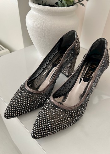 Siyah Parlak Taşlı Stiletto Kadın Topuklu